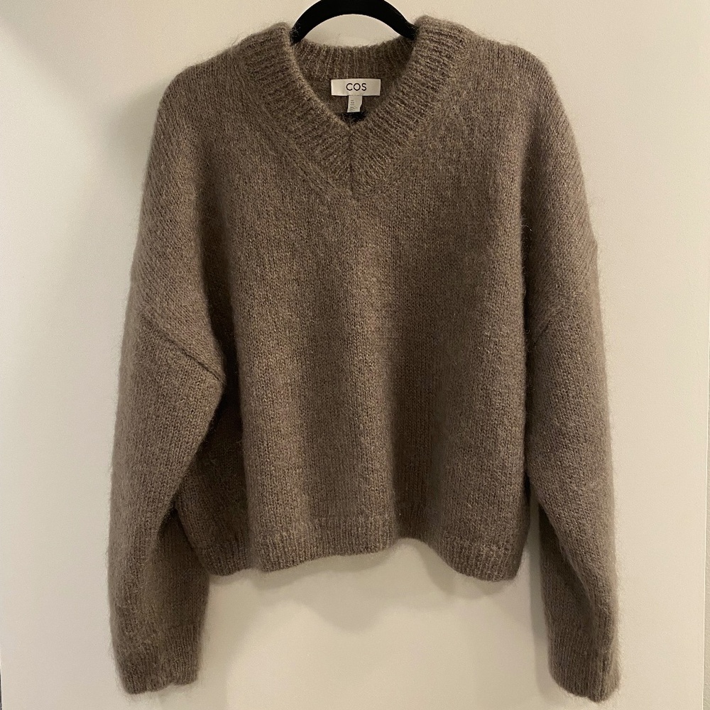 COS Cropped V-Neck Mohair Sweater in Light Brown